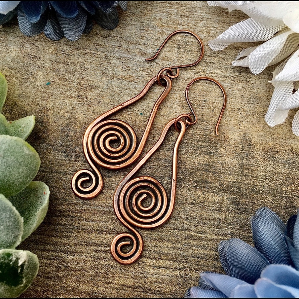 Copper spiral swirl dangle drop earrings